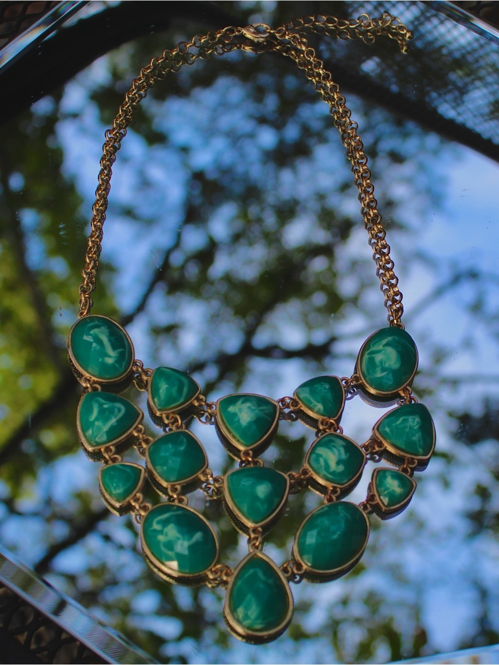 Gold Faux Marbled Turquoise Cabochon Tiered Bib Statement Necklace Boho
